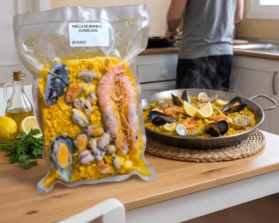 Bolsa de paella de marisco envasada al vacío junto a una paellera recién hecha en la mesa de la cocina
